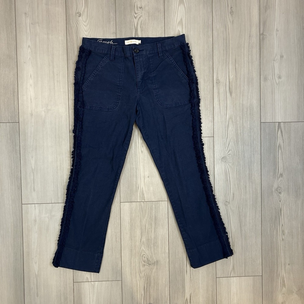 Tory‎ Burch Womens Navy Blue Fringe Trim Chino Cropped Ankle Pants Size 28